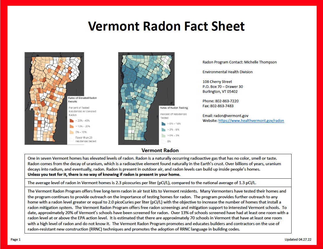 Vermont Radon Fact Sheet 04.28.22